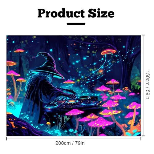 UV Reactive Halloween Tapestry - Blacklight Glow in the Dark Wizard Decor - 90x70 Inches - Wizard DJ Variation