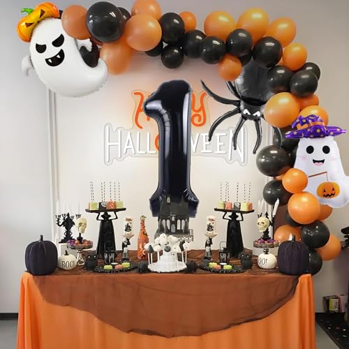 Halloween Balloons Set - 5 Pcs Ghost, Spider, Pumpkin & Number 1 Decorations - Black & Purple Theme