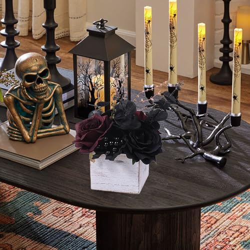 Halloween Gothic Black and Dark Red Flowers with Wooden Box - Artificial Floral Centerpiece