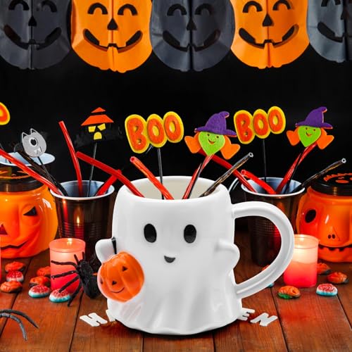Halloween Ghost Mug with Pumpkin - 20 oz Ceramic Coffee Cup, White, Orange & Black Variation