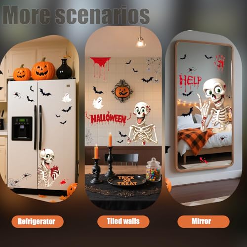 Halloween Window Clings 4 Sheet Set - Skeleton Bats Ghost Spider Decorations