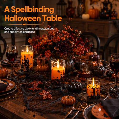 Homemory Halloween Flameless Candles Set of 3 - Orange Glass Shell Halloween Decor with Remote & Timer