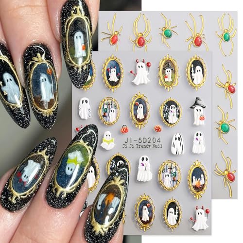 Goth Ghost Halloween Nail Stickers - 2 Sheets 5D Embossed Spider Web Rhinestones for Nail Art - Variation Goth Ghost-14