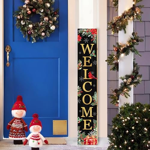 Christmas Welcome Sign for Front Porch Standing - Red Holly Xmas Wooden Sign, Rustic Farmhouse Decor