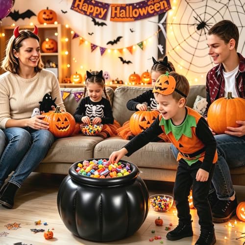Inflatable Halloween Candy Bowl 22x18 Black Cauldron Bucket Large Trick-or-Treat Container