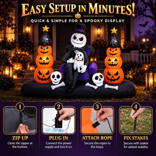 Halloween Inflatable Skeleton with Pumpkin Ghosts & LED Lights - Orange Variation