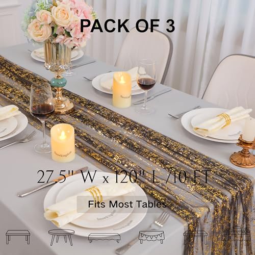Black Gold Gauze Table Runner Set - 3 Pcs 10 Ft Sparkle Sheer Glitter Mesh