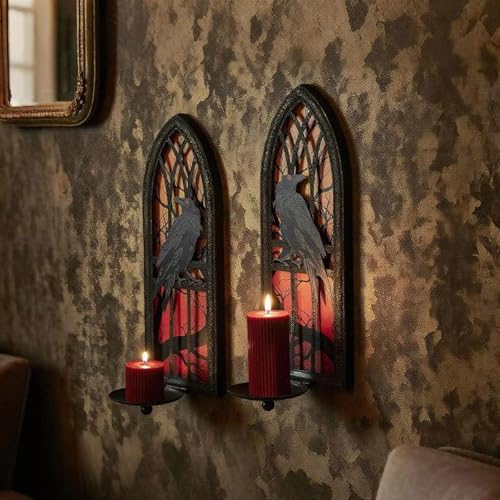 Crow Gothic Wall Candle Sconce Set of 2 - Wrought Iron Candelabra with Removable Trays for Taper & Pillar Candles, Medieval Cathedral Window Design, Dark Academia Decor