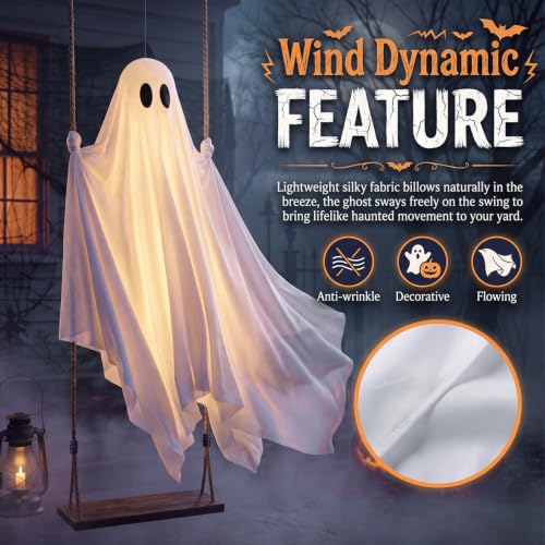 Outdoor Halloween Ghost Swing with String Lights - 5 FT Spooky Decor Kit
