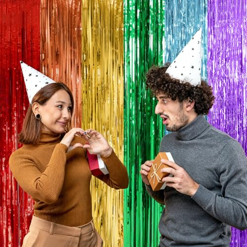 Rainbow Foil Fringe Curtain Backdrop Party Decorations 2 Pack - 39.4"w x 78.7"l