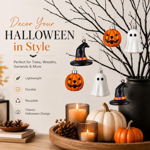 Halloween Hanging Ornaments Set - Silver Ghost, Gold Pumpkin & Witch Hat - 30 Mini Plastic Decorations