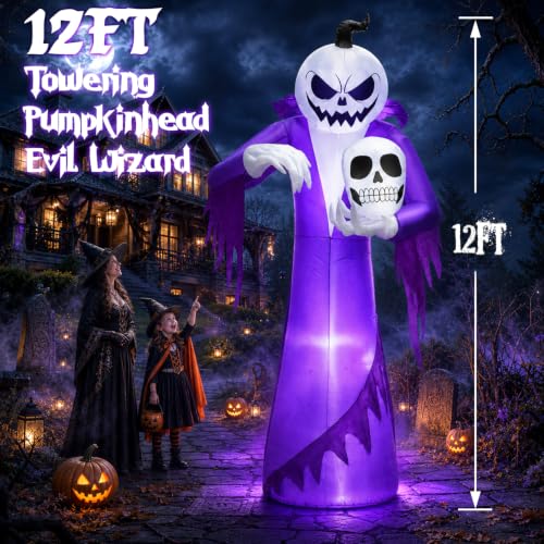 12FT Giant Halloween Inflatable Pumpkin Wizard with LED Lights Outdoor Decor