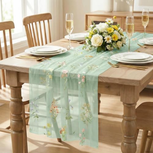 6PC Sage Green Floral Embroidery Table Runner Set - 28x120 Inches