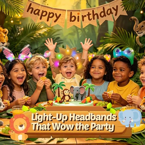 Kids & Adult Jungle Animal Ears Headbands with Lights - 12 Pack