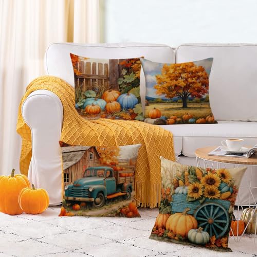 YeeJu Fall Throw Pillow Covers Set of 4 22x22 A-Fall 31 Pumpkin Leaves Sunflower