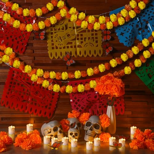 Day of the Dead Decoration Set with Marigolds Butterfly Banners Votive Candles - Orange and Yellow