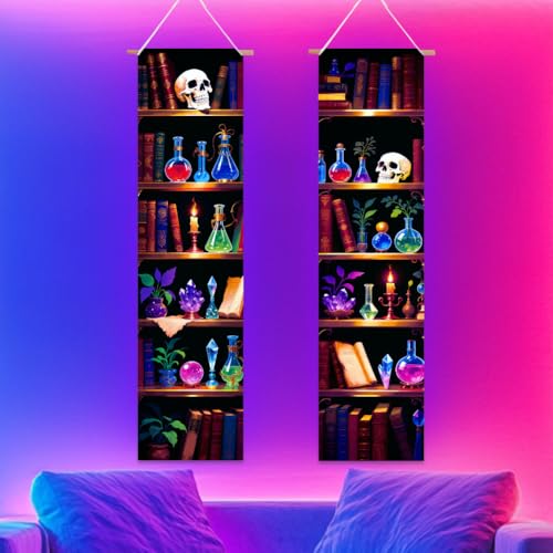 UV Reactive Black Light Tapestry - Magic Bookshelf Design, Trippy Wall Decor for Bedroom & Room Backdrop - 2 Pieces