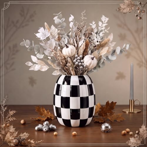 Black and White Checkered Ceramic Pumpkin Vase - 6.7 Inch Fall Decor