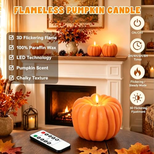 Orange Flameless Pumpkin Candle with Timer - LED Fall Decor for Mantel & Table Setting