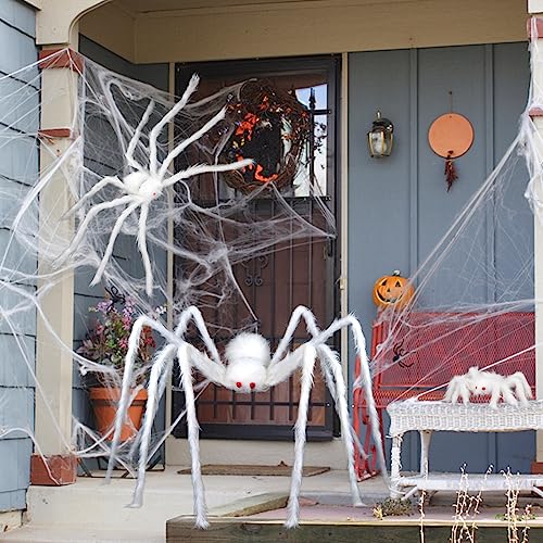 Large White Halloween Hairy Spider Prop - Scary Indoor Outdoor Decor Set of 3