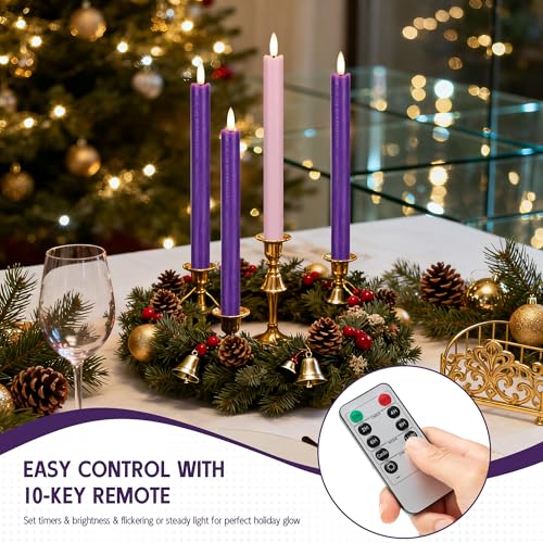 Flameless Taper Candles with Remote - Real Wax Advent Candles Set - Purple & Pink
