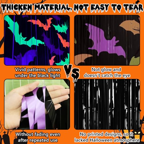 Glow Halloween Backdrop Curtains Neon Streamers Bat Pattern 3.3x6.6 FT - 2 Pack