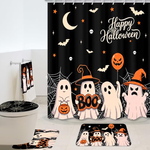 Tiamon Black Ghost Halloween Bathroom Shower Curtain Set - 7 Pcs