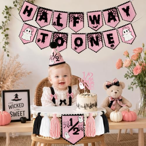 Pink Halloween Half Birthday Decorations Kit for 6-Month Girl - Half Way to One