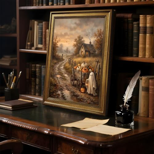 Vintage Halloween Wall Art Canvas Print with Gold Frame - Ghost Pumpkin Scene, 12x16 Inch - Style 1