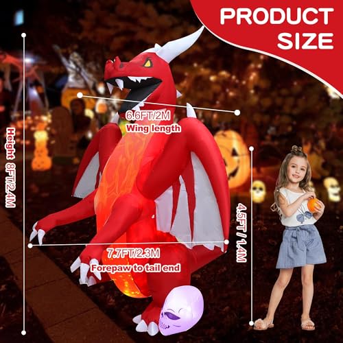 8FT Halloween Inflatable Red Dragon with Flame Lamp - Outdoor Yard Decoration