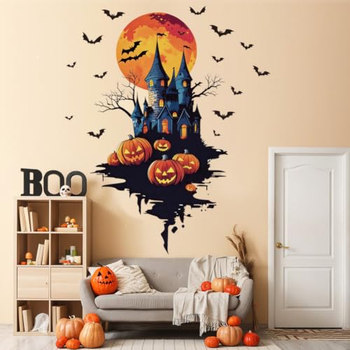Halloween Haunted Castle Wall Decals Spooky Pumpkin Bat Wall Stickers - Halloween Party Decorations