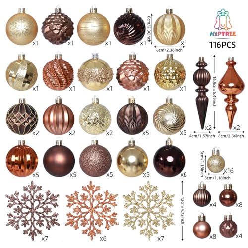 Copper Gold Christmas Tree Ornaments Set - 116 Count, 1.18-6.5 Inch Varied Shapes & Finishes