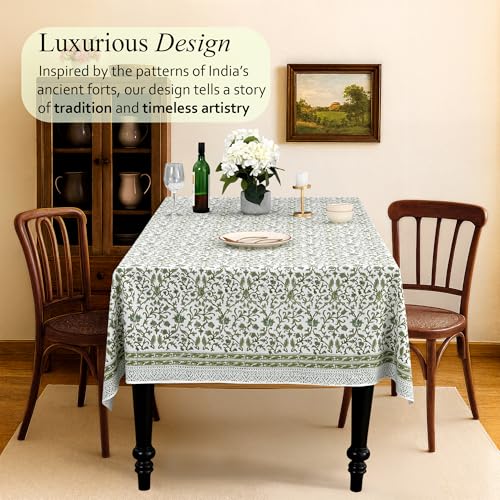 Meadow Vine Cotton Tablecloth 60x90 Inch - Indian Block Print Rectangular Cover - Perfect for Weddings & Holidays