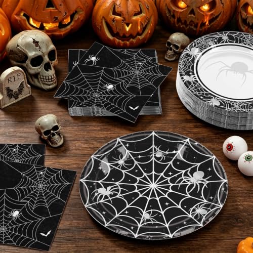 Halloween Paper Plates and Napkins Set - Serves 60 Guests, Spider Web Design