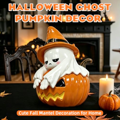 Halloween Ghost Pumpkin Figurine with Light - Resin Tabletop Decor