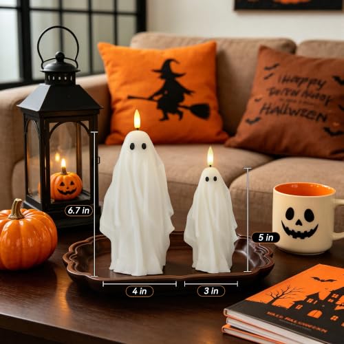 Ghost Flameless Pillar Candles with Remote Set of 2 for Halloween Decor