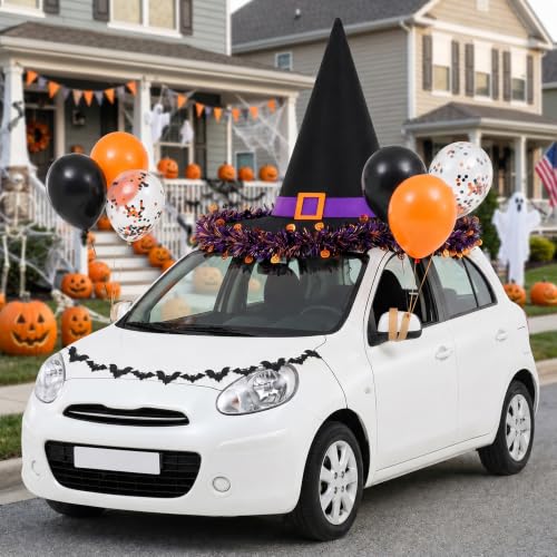 Halloween Witch Hat Car Decoration Kit for Golf Carts & Vehicles - Giant Felt Hat with Balloons & Banner