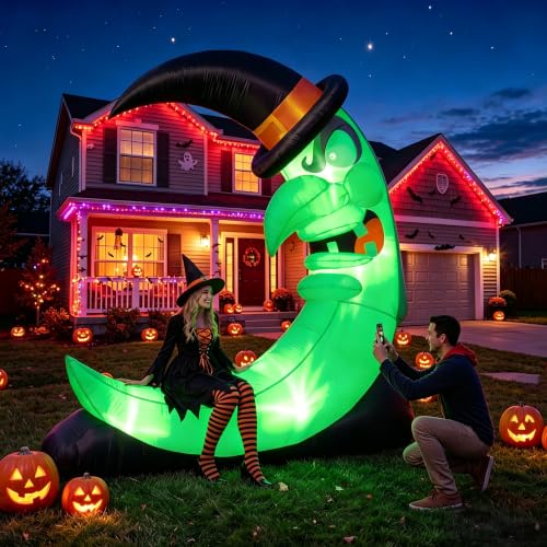 Green 8.9 FT Giant Halloween Inflatable Witch on Moon Outdoor Decorations