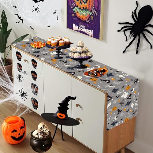 Halloween Table Runner Ghost Pumpkin Black Cat Burlap 13x72 Inch - Gray Halloween Characters