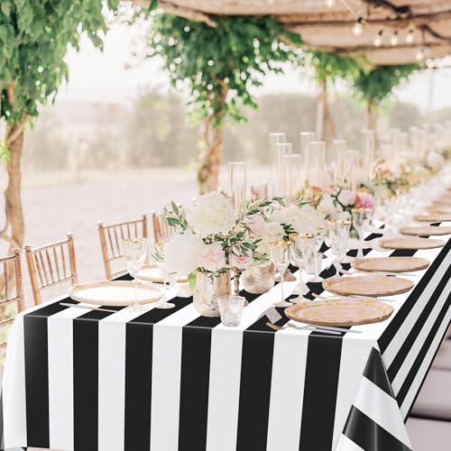 White and Black Horizontal Striped Table Cloth 3pcs 54x108 Inches for Rectangular Tables - Disposable