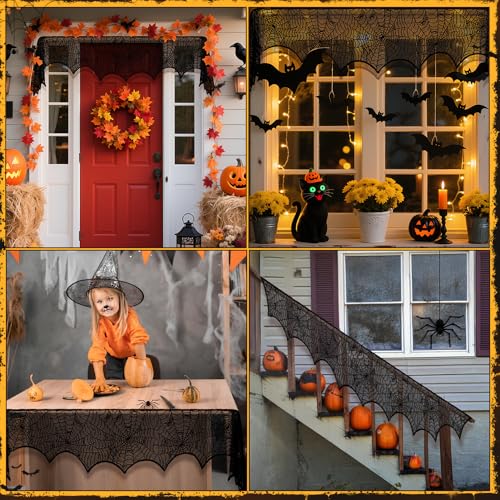 Halloween Mantle Scarf 2 Pcs Black Lace Spiderweb Fireplace Decor Set - 18x83 Inches