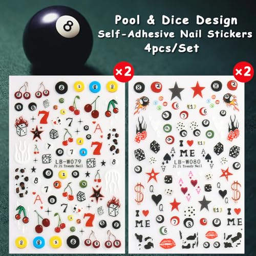Cartoon Pool & Dice Nail Art Stickers - 4 Sheets 5D Embossed Self-Adhesive