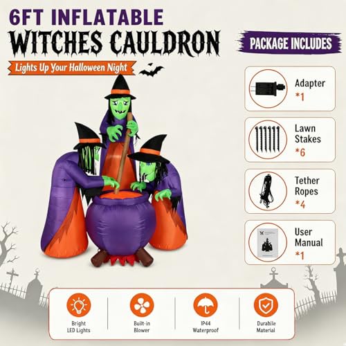 6 FT Halloween Inflatable with LED Lights, Witches & Cauldron Yard Decor