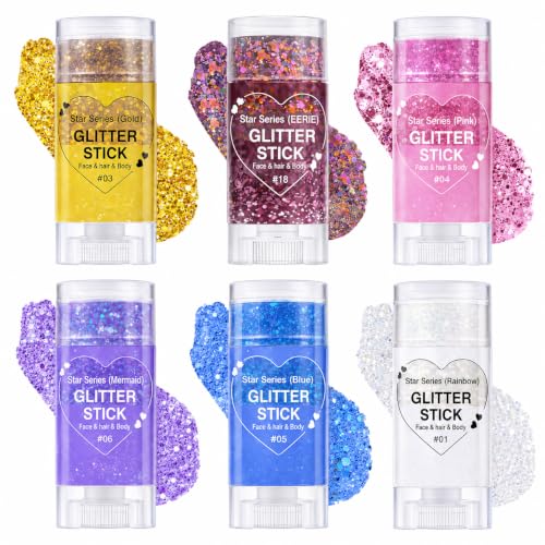 Body Glitter Stick Set 6 Colors for Face, Body & Hair Festival Makeup