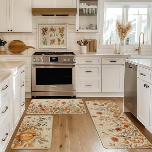 Hello Fall Kitchen Mat Set of 3 - 17x29, 17x36, 17x47 Inches, Beige