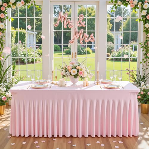 Pink Spandex Rectangular Tablecloth 6ft with Skirt - 72 x 30 Inches, 4 Pack