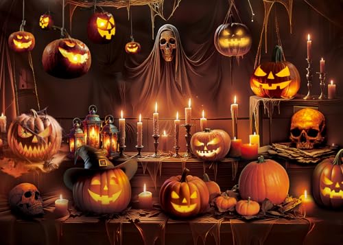 Halloween Horror Skeleton Pumpkin Lantern Backdrop - 7x5FT Spooky Party Banner