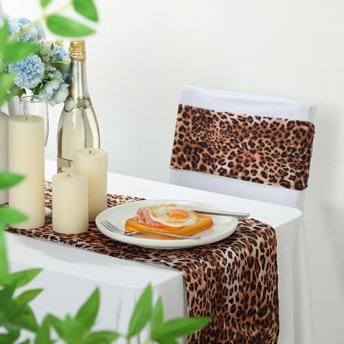 Leopard Print Chair Sash Set with 6 Table Runners - Brown Elastic Band & 14x108 Inch Decor