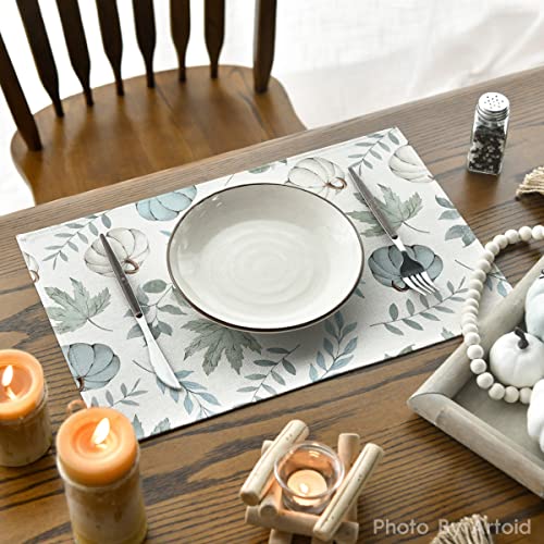 Blue Maple Leaf Fall Placemats Set of 4 - 12x18 Inch Autumn Table Decor, Rectangular, Beige & Blue