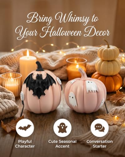 Halloween Pumpkin Figurines Set of 2 - Cute Resin Decor with Bat & Ghost - Pink Pumpkins
